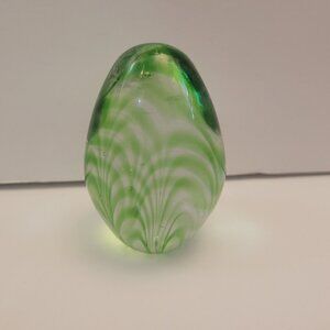Handcrafted Green Swirl Glass Egg Paperweight 3.5"
